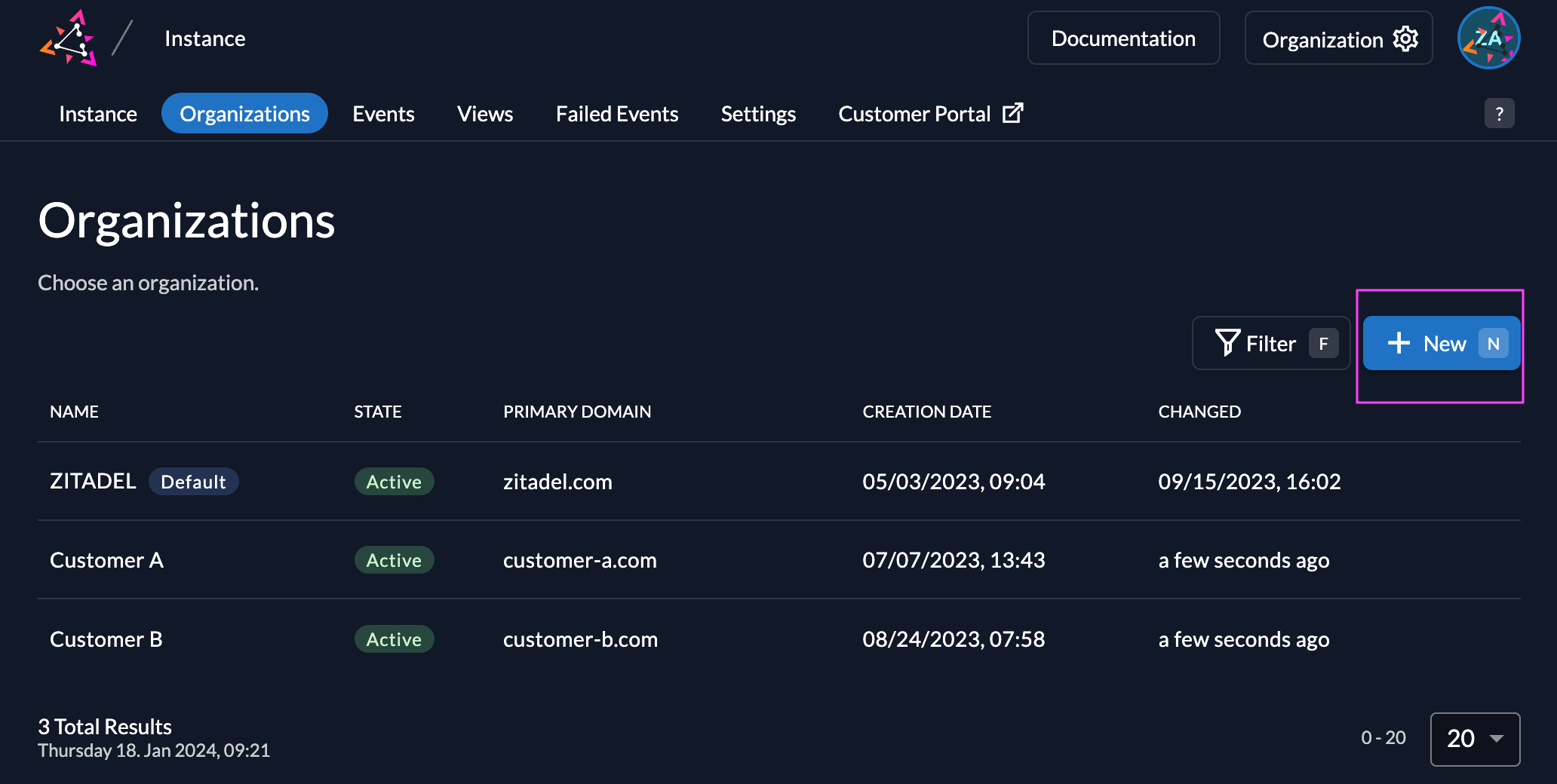 Organization List - Add new Organization